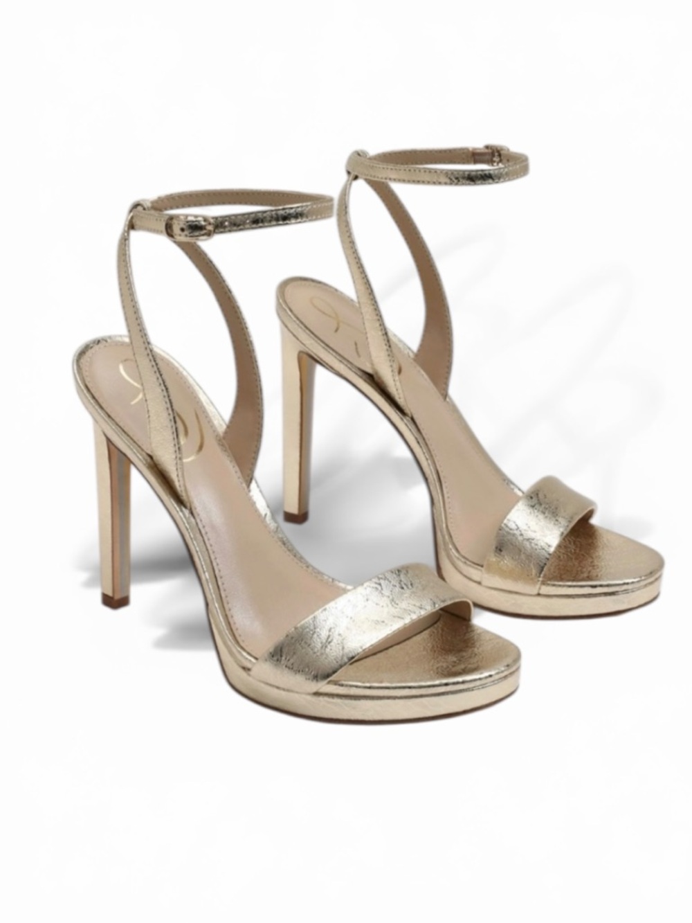🌻NEW Sam Edelman Jade Gold Crinkle Metallic Ankle Strap Heels Strappy Stiletto